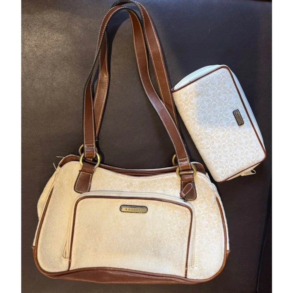 Rosetti shoulder bag with matching wallet in a white and brown color scheme.